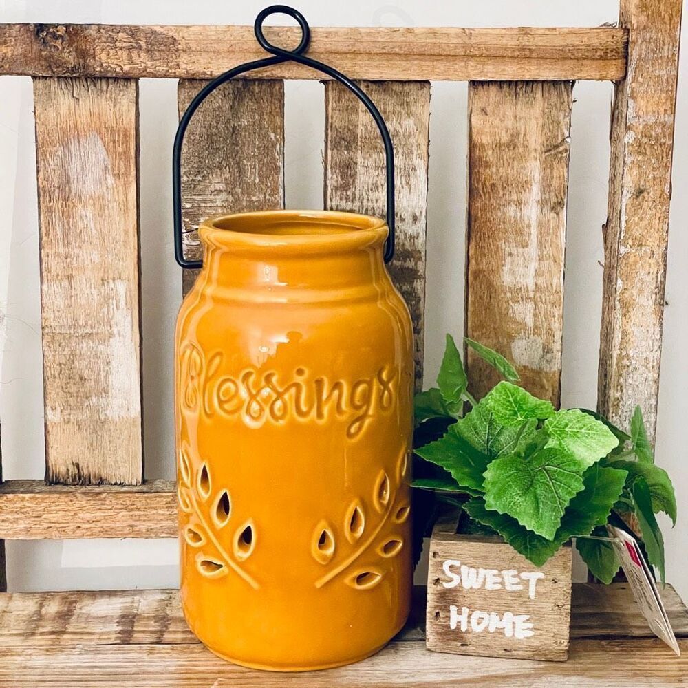 NWT Made in India Unique Green Floral Embossed Hanging Candle Holder Lantern